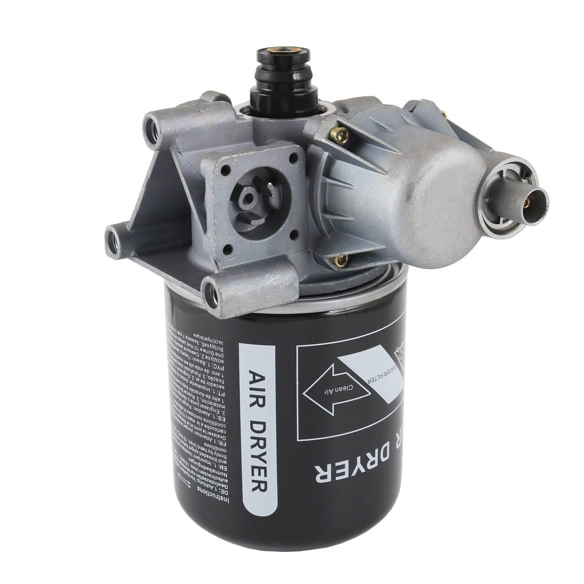 Air dryer assembly with gray mounting bracket and black canister, three-quarter view