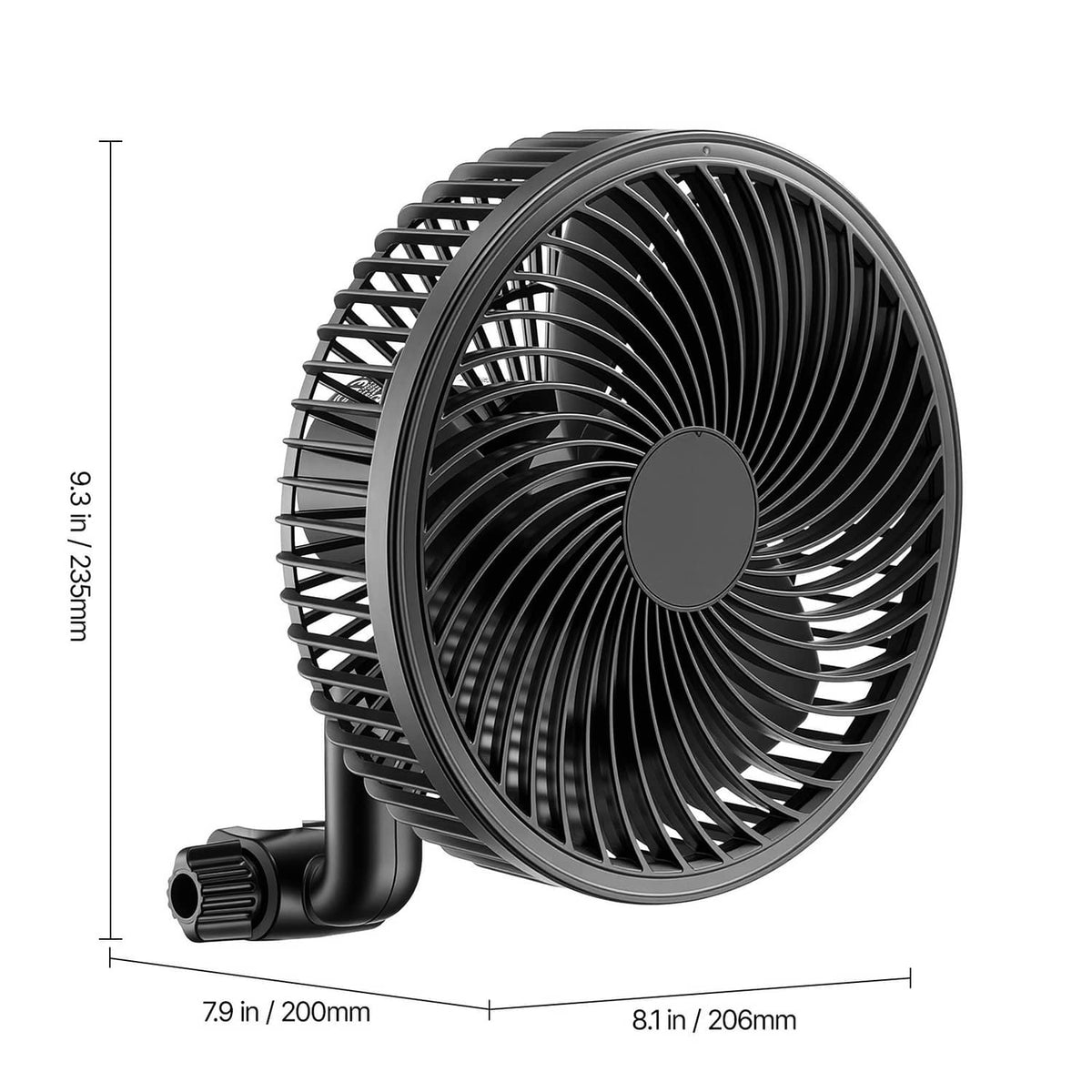Black clip-on grow tent fan with grill and clip arm, side view with size markers