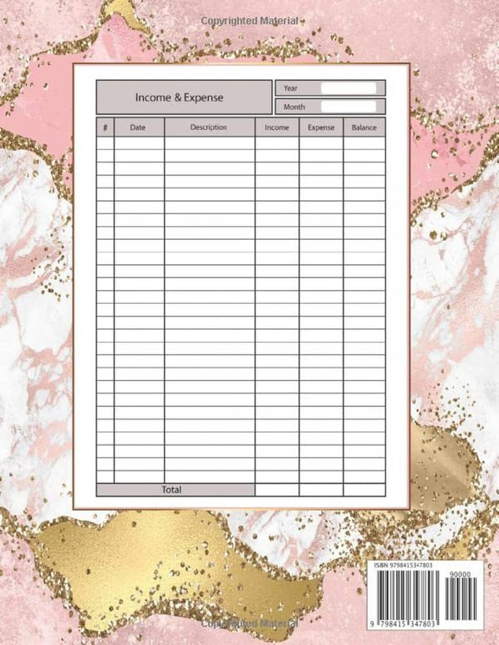 Income & Expense log book page with table for date, description, income, expense, balance; barcode.