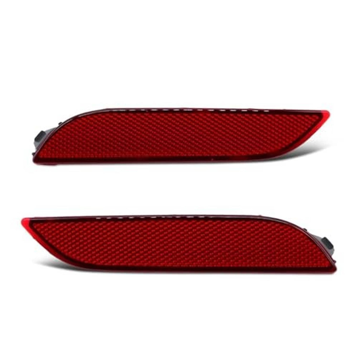 Red left and right rear bumper reflector lights, two-piece textured lens design