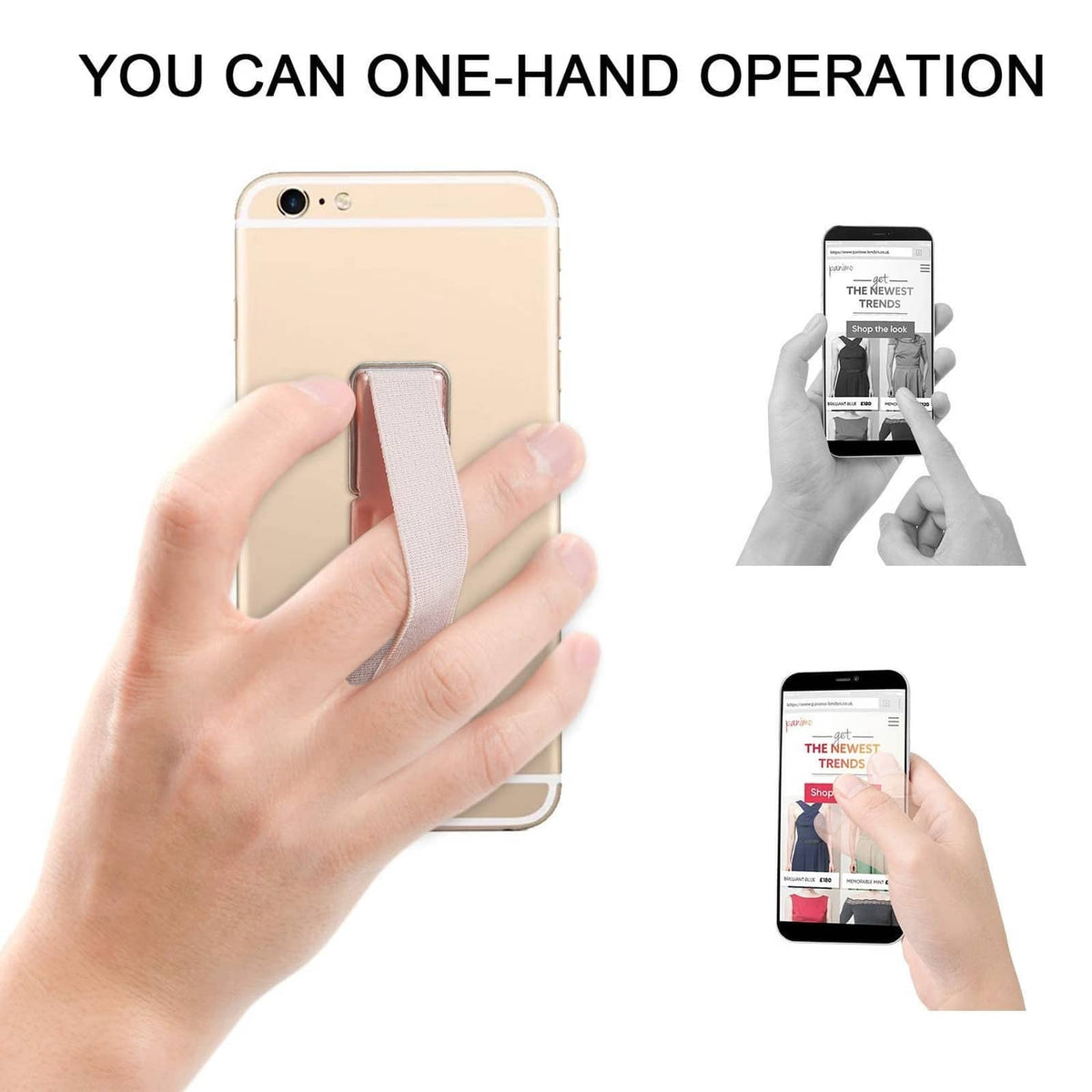 Phone strap finger holder on a light pink phone, gripped by one hand