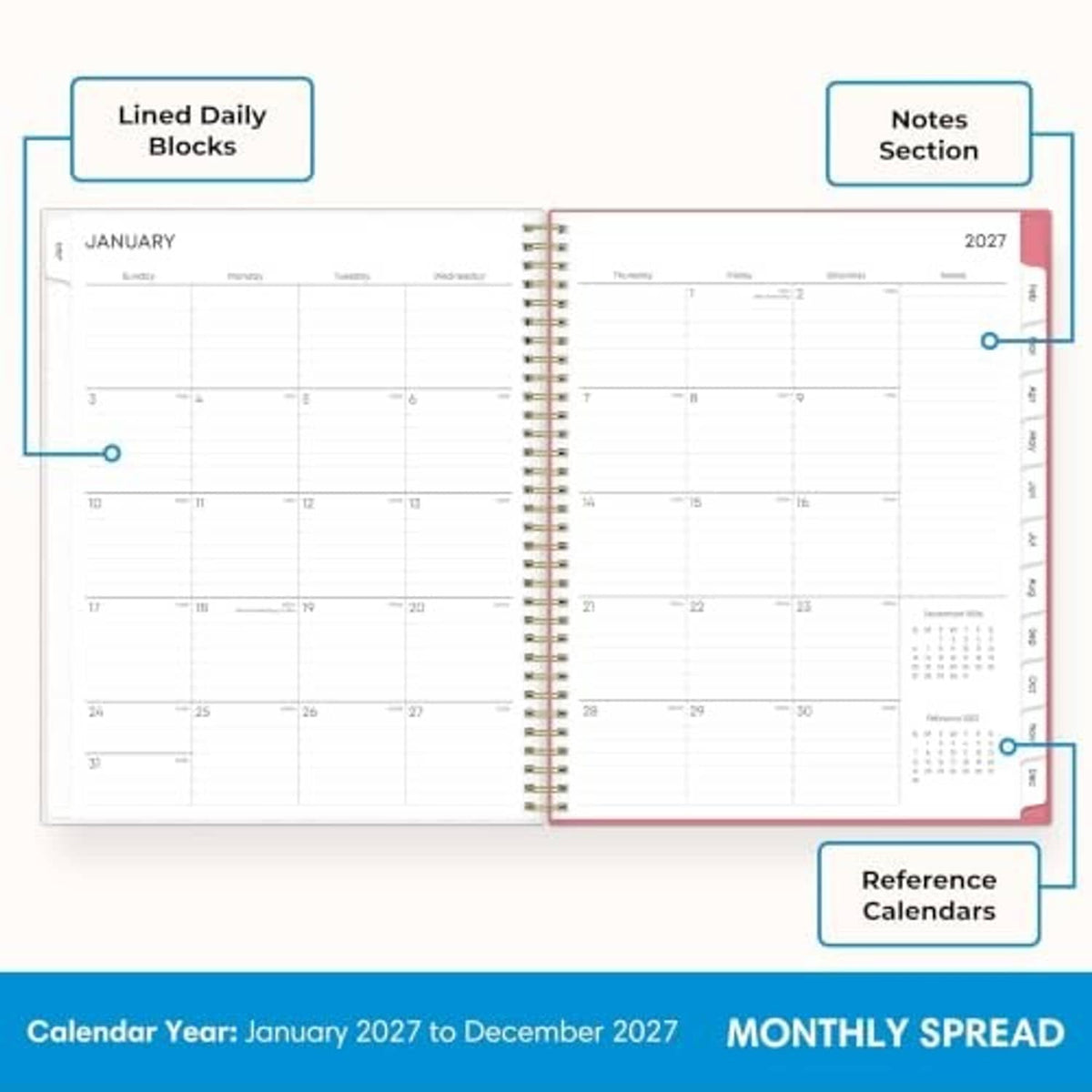 Open planner spread showing monthly grid, lined daily blocks, and notes section