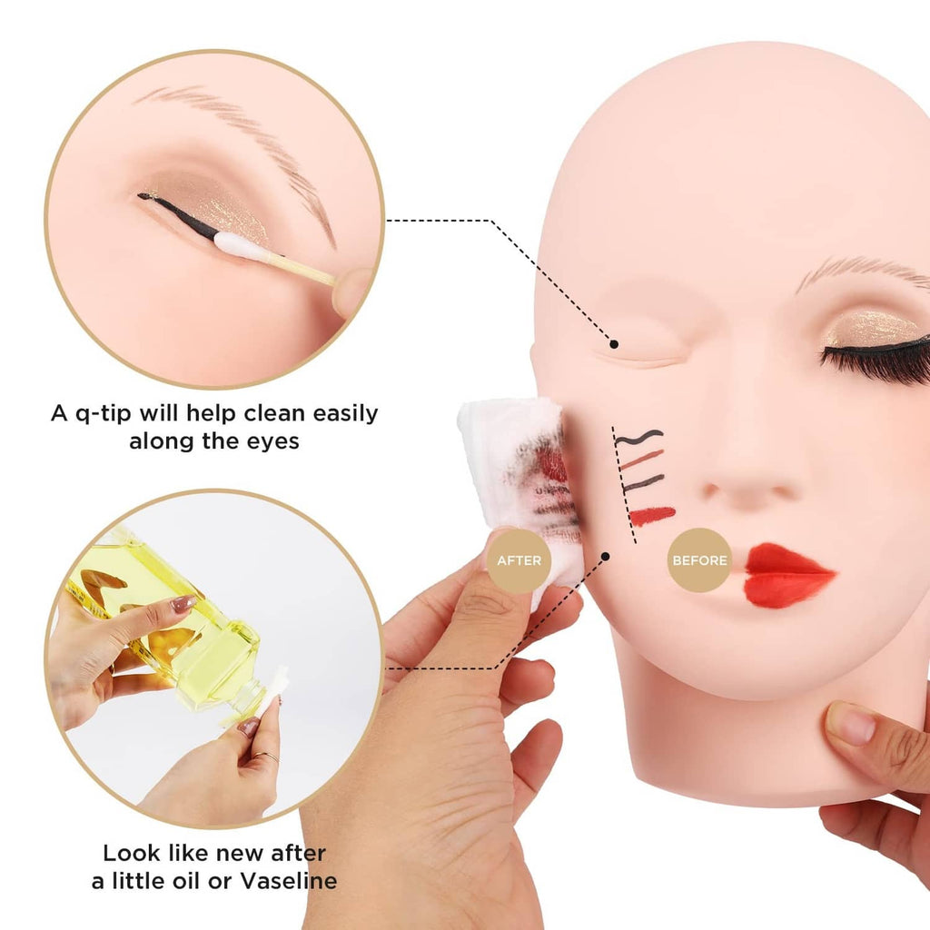 Beige practice mannequin head showing lash application near the eye with tweezers