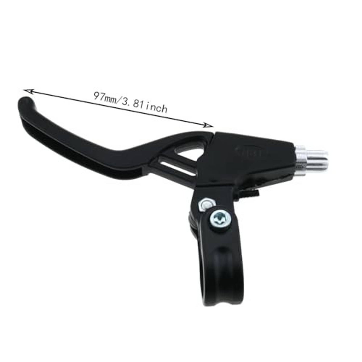 Black extended bicycle brake lever with curved arm and silver cable adjuster