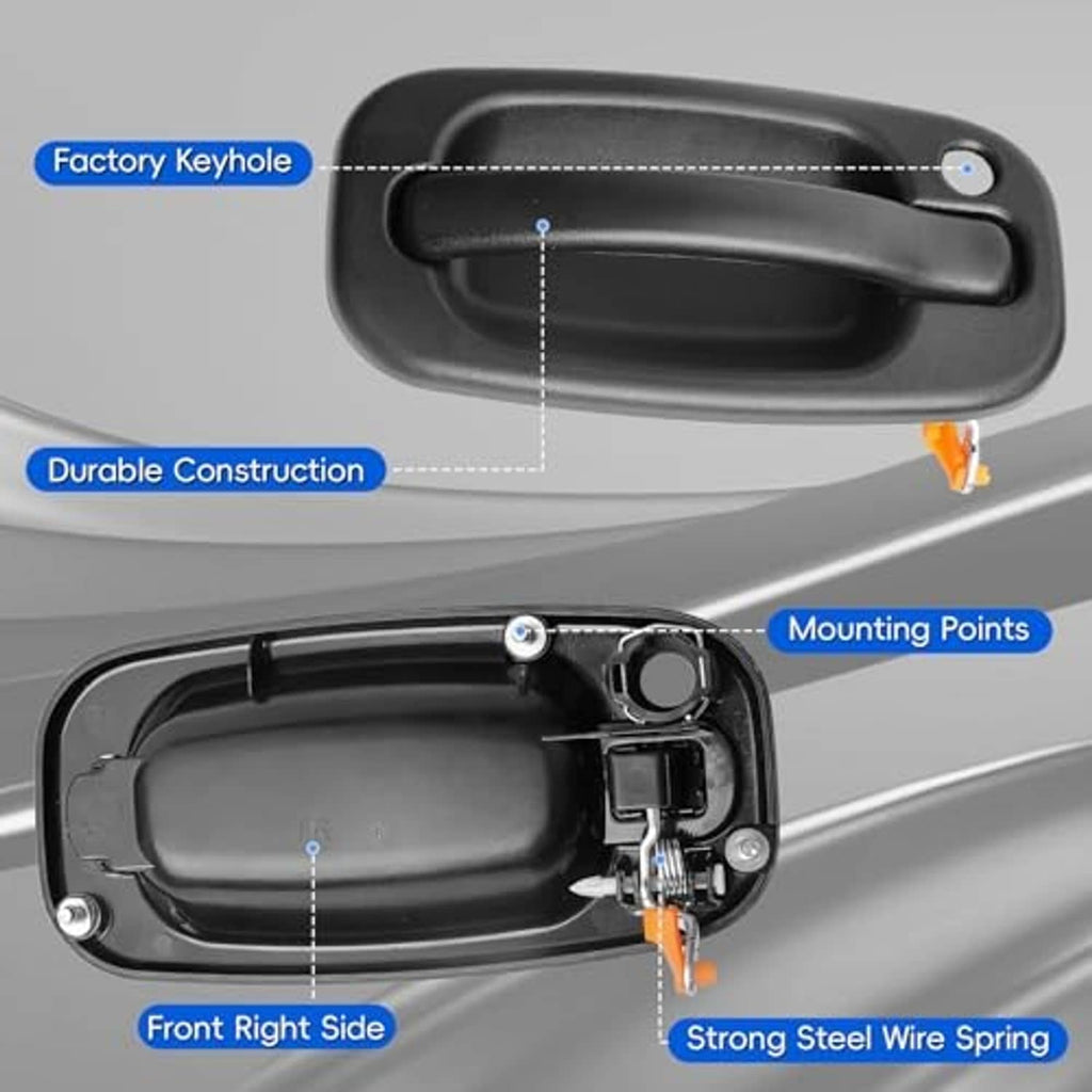 Black exterior door handle with keyhole and internal mounting hardware view