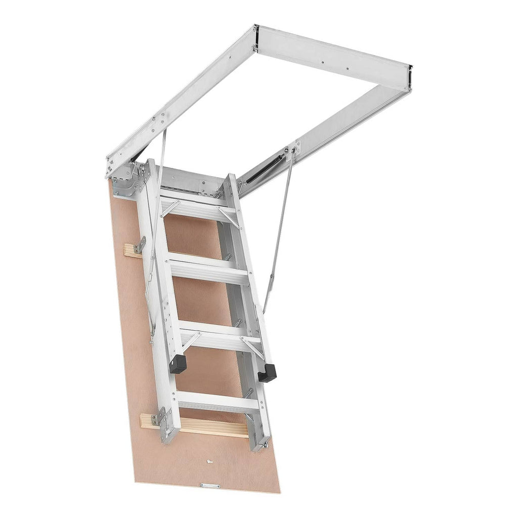 Aluminum folding attic ladder folded into ceiling hatch frame