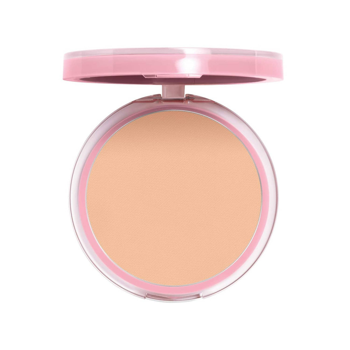 Pressed face powder compact open, porcelain-toned powder pan visible