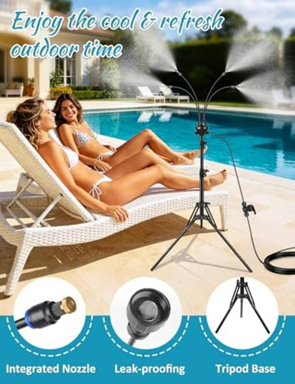 Black standing misting system with integrated nozzle and tripod base