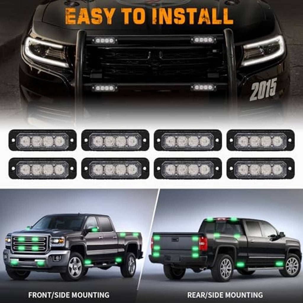 Green LED strobe light bars kit for front/side or rear/side mounting