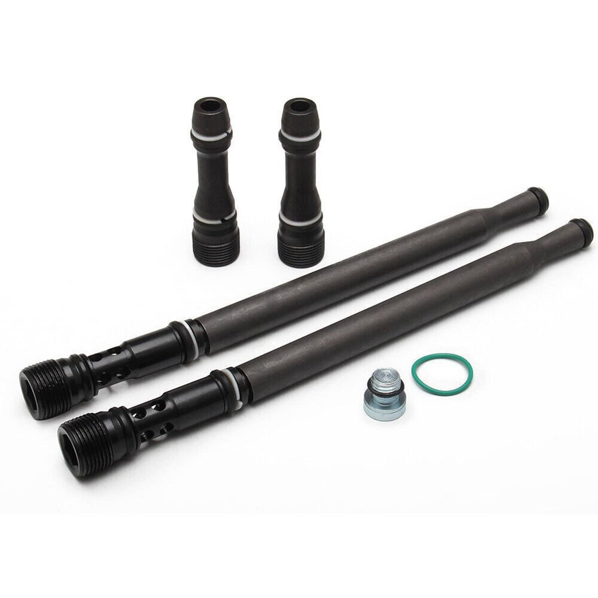 Oil stand pipe dummy plug kit with two long stand pipes, black end fittings, metal cap, and O-ring