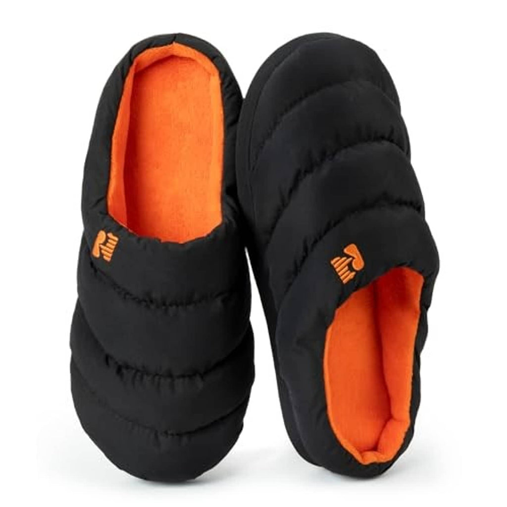 Pair of men's black puffer slippers with orange interior and embroidered logo