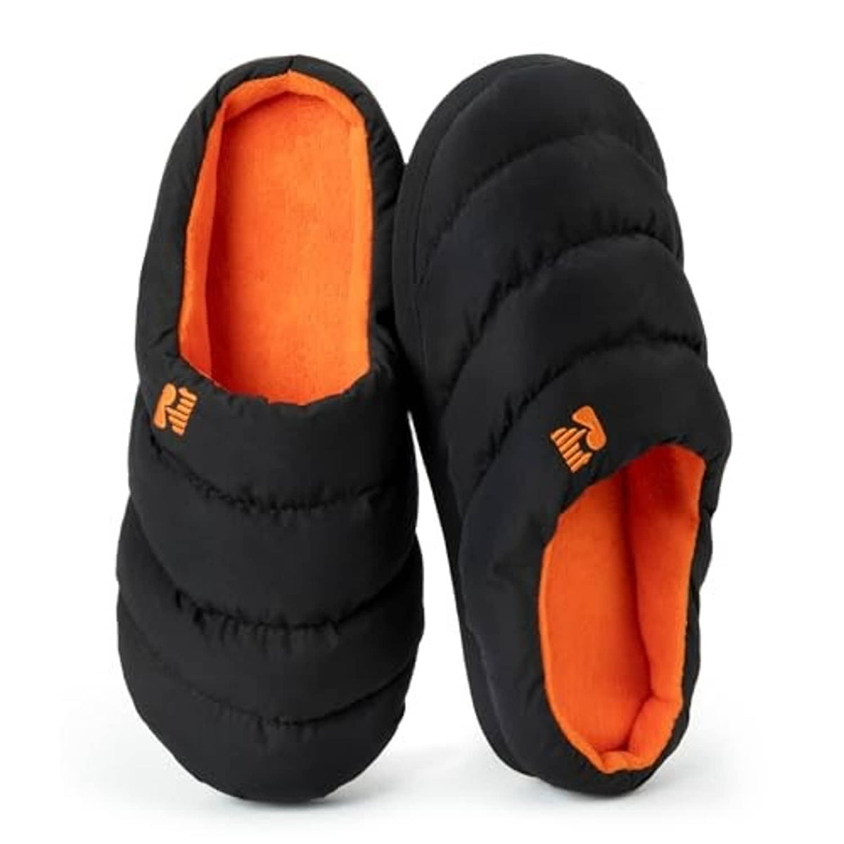 Pair of men's black puffer slippers with orange interior and embroidered logo