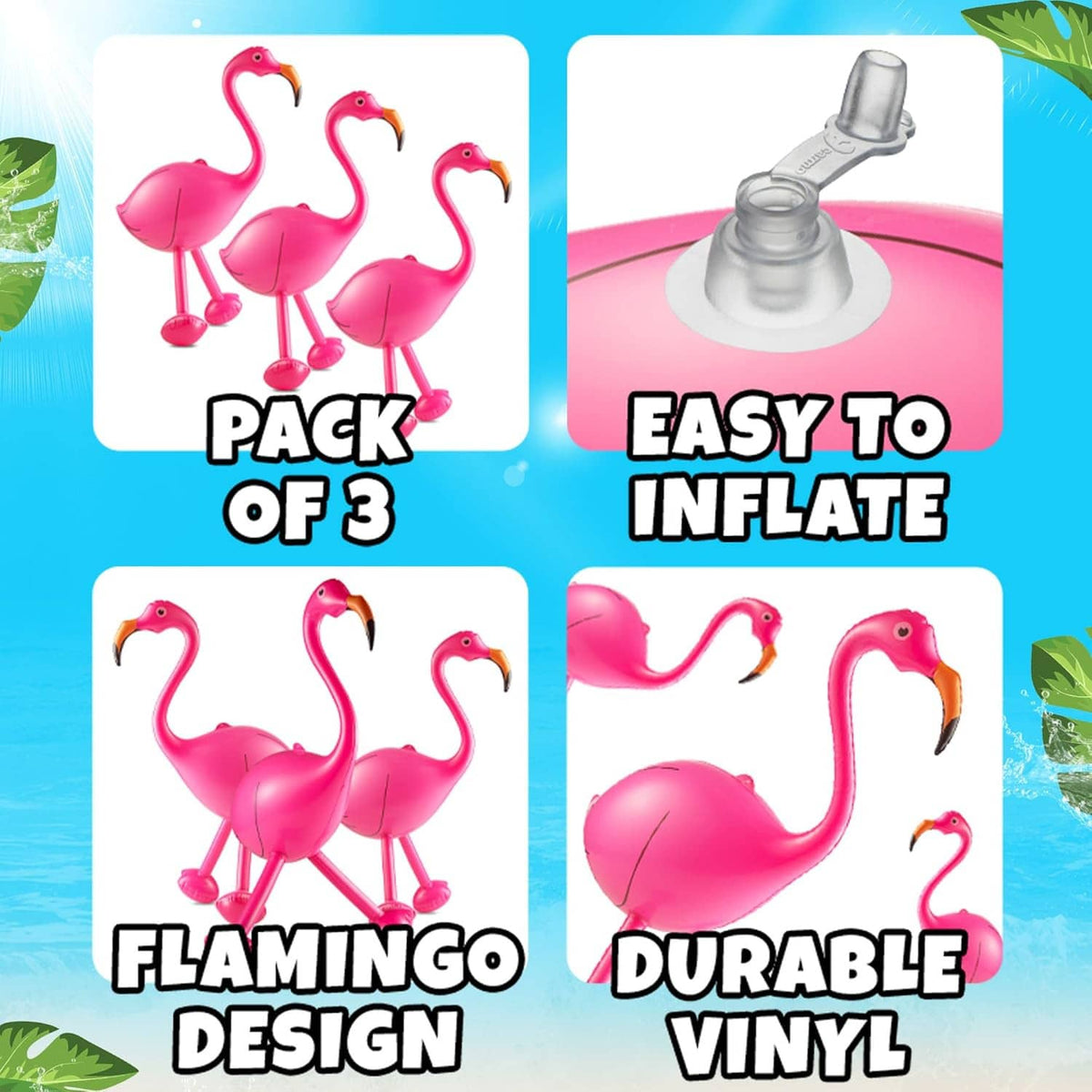 Pack of three pink inflatable flamingo decorations with orange beaks and curved necks