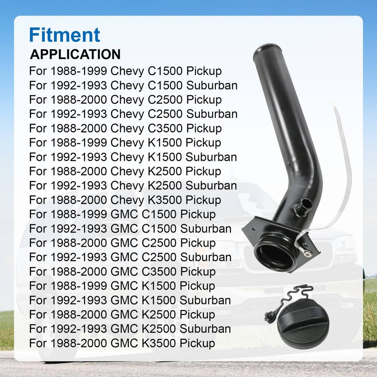 Curved black fuel tank filler neck tube with cap and tether cable