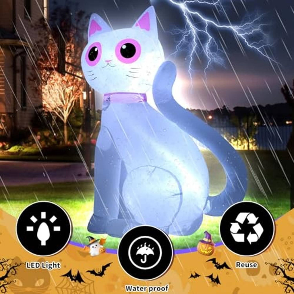 White inflatable cat decoration with LED lights in rain, waterproof design icons.