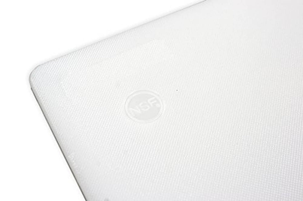 White plastic cutting board corner with NSF logo embossing