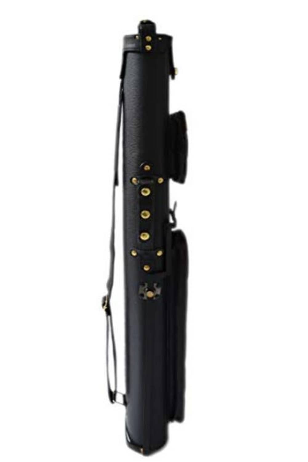 Black hard pool cue case with brass-tone buckles and hanging storage straps