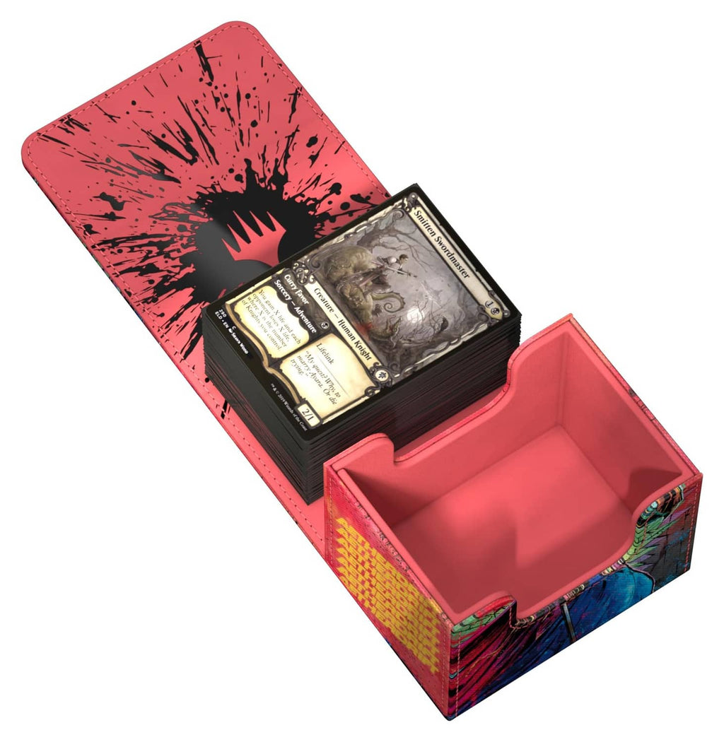 Ultimate Guard Sidewinder deck box open, red insert tray holding a card deck
