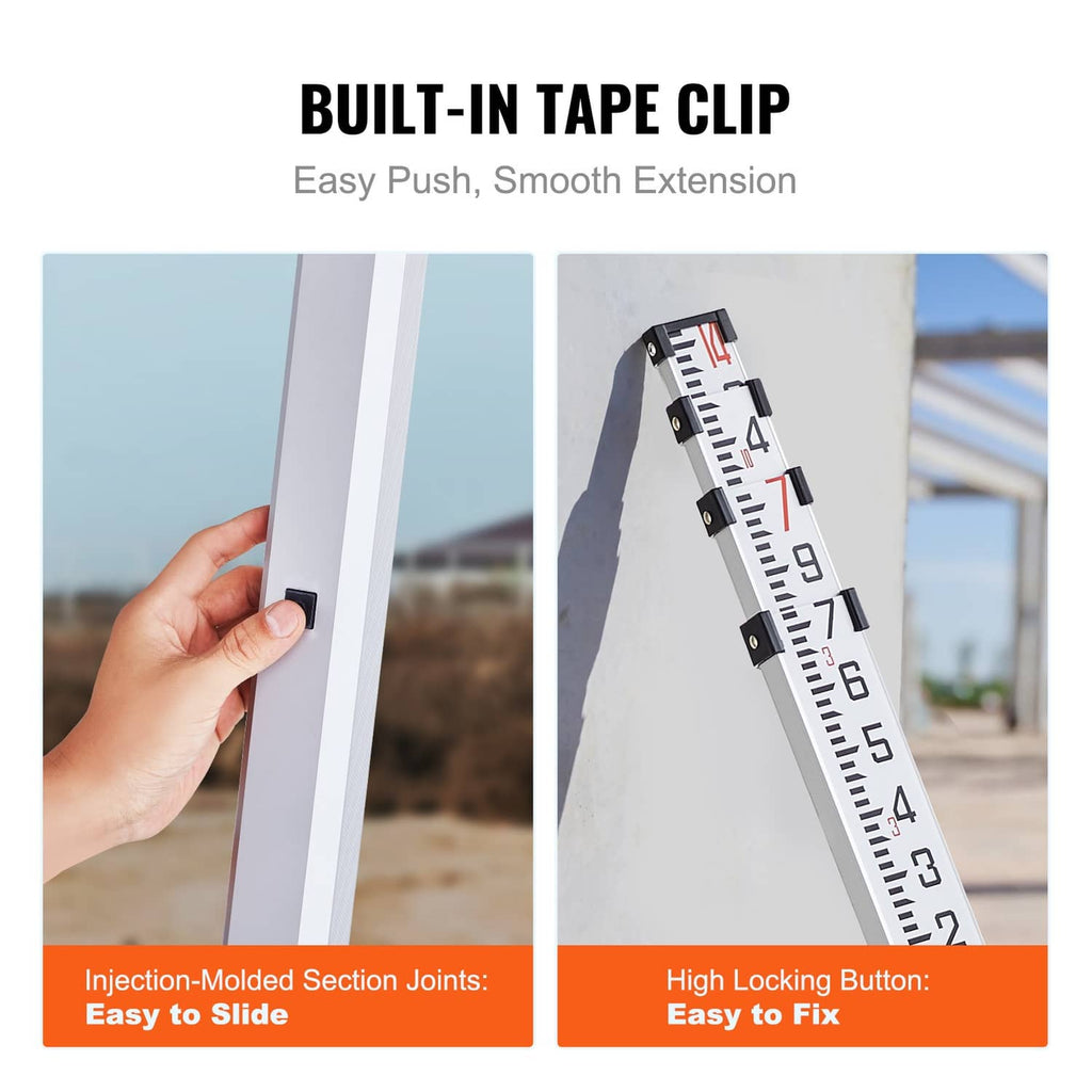Telescopic grade rod with built-in tape clip and metal extension latch