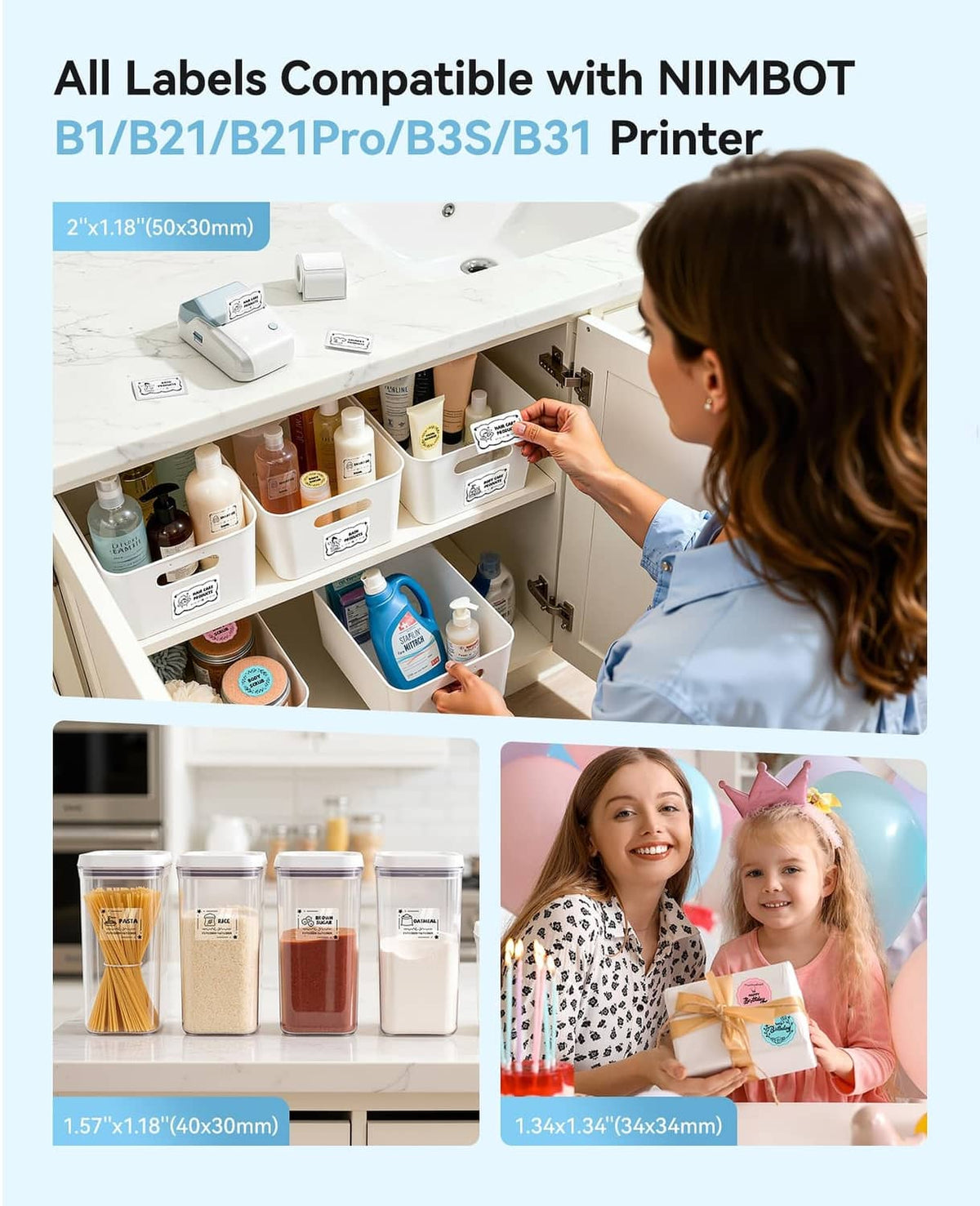 Light blue NIIMBOT label maker in use on a countertop with label tape and storage bins