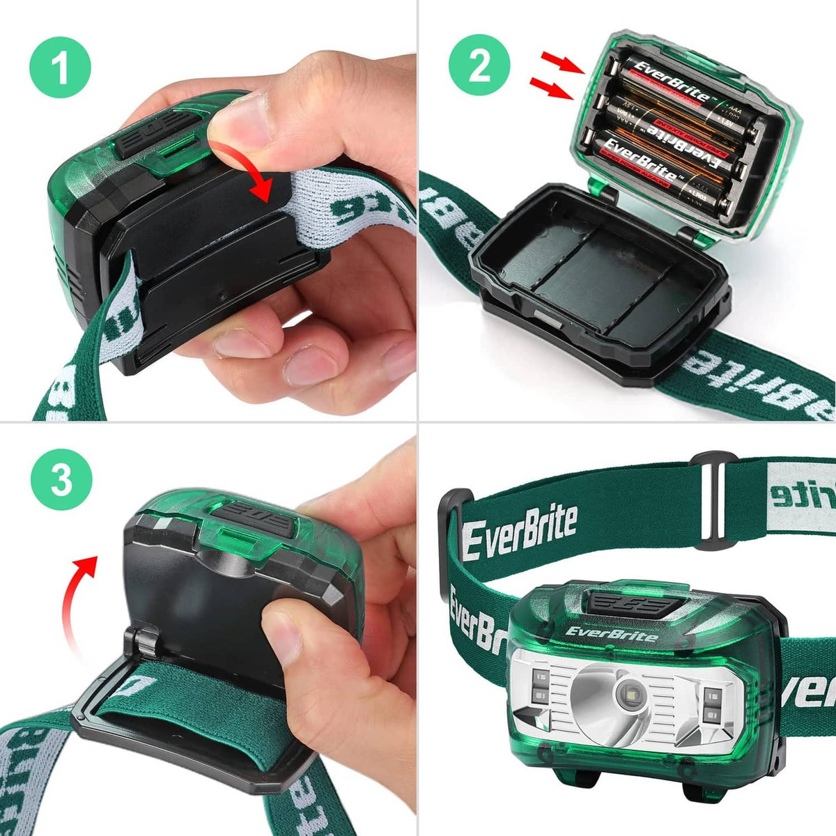 Green EverBrite headlamp with open battery compartment and visible AA batteries