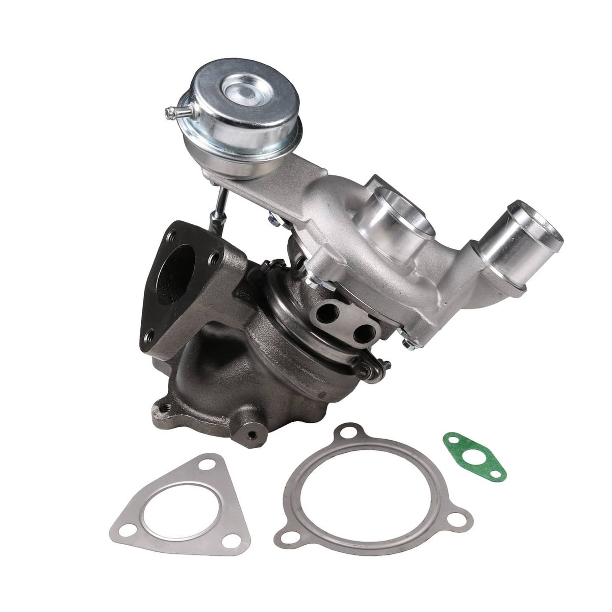 Turbocharger assembly with compressor housing and oil line components, with gaskets included