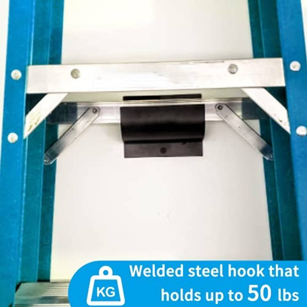 Welded steel ladder storage hook on blue step ladder rail