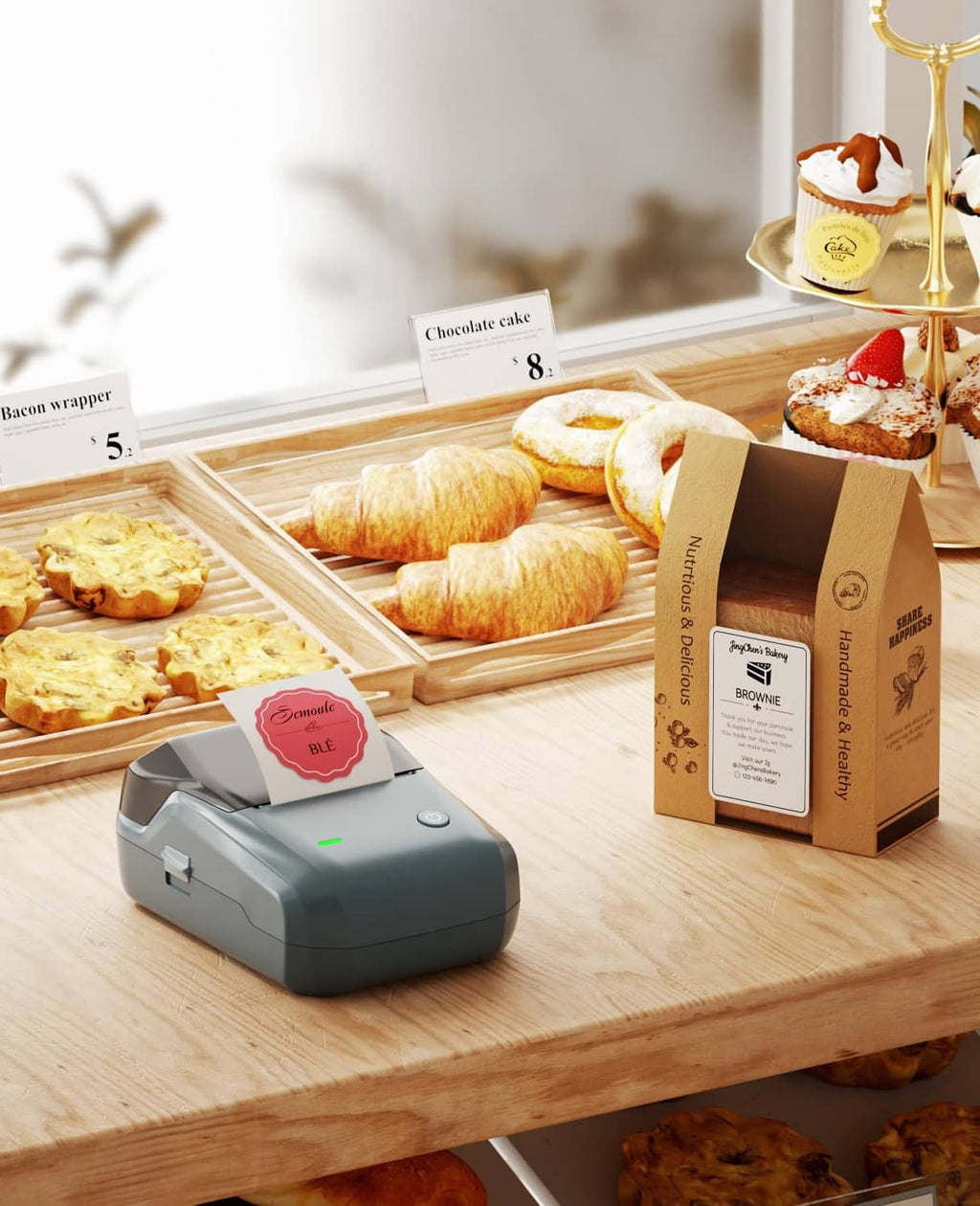 Compact label printer with blue casing on a wooden table