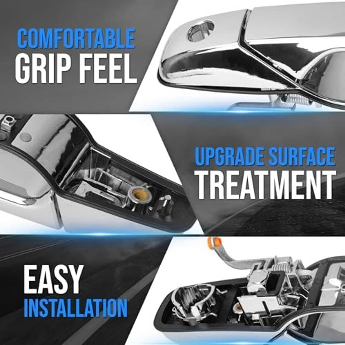 Glossy chrome exterior door handle with key cylinder opening and inner trim detail