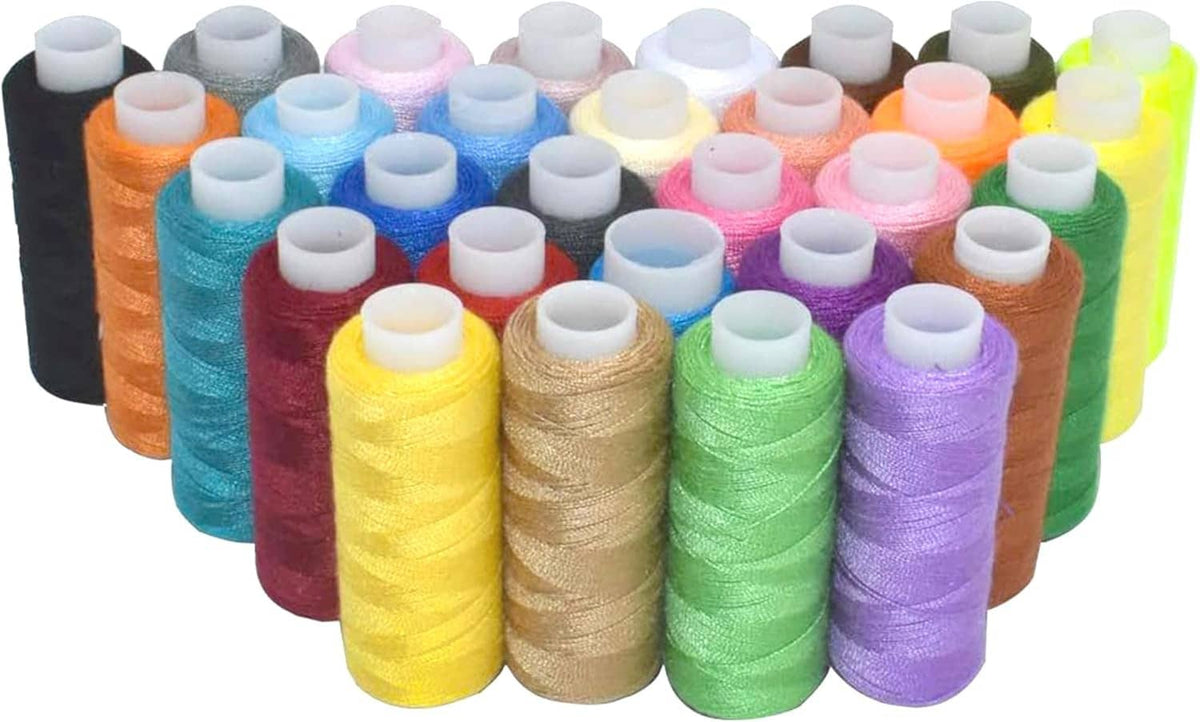 Polyester sewing thread spool set, assorted colors on spools with white bobbins