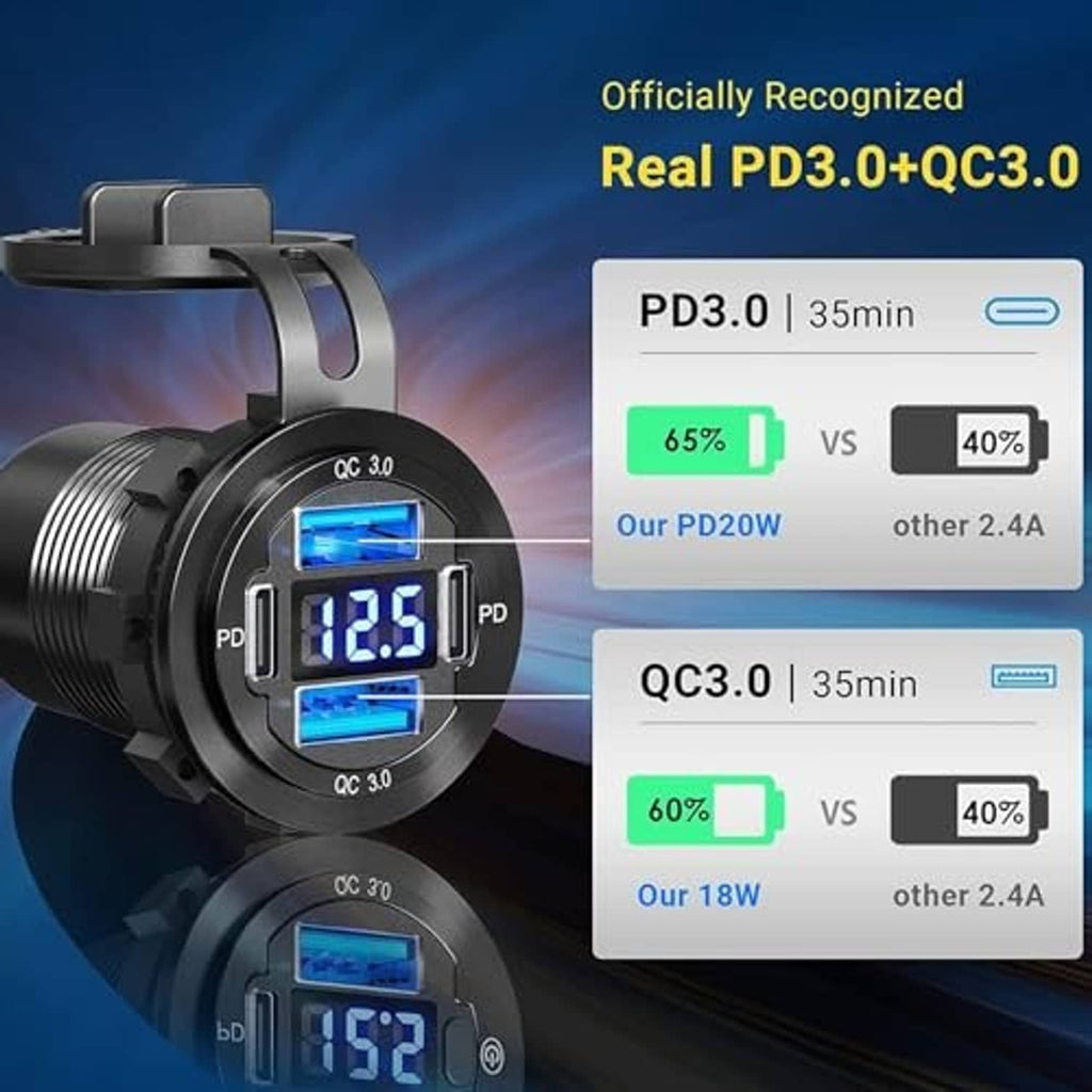 Compact 12V car USB charger with dual ports and blue voltage LED screen, black