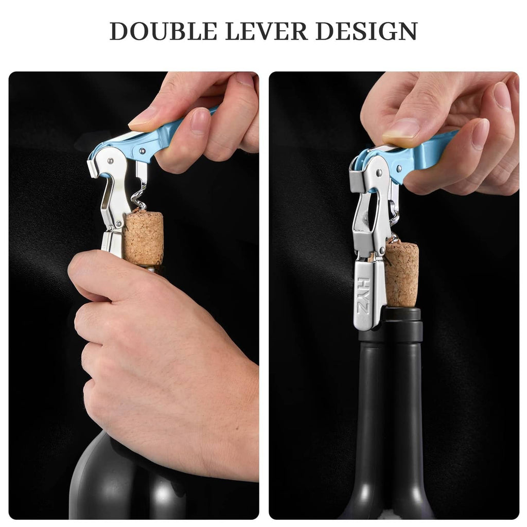 Sky blue waiter corkscrew pulling cork from a bottle neck
