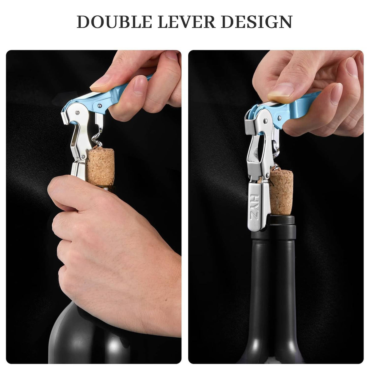 Sky blue waiter corkscrew pulling cork from a bottle neck