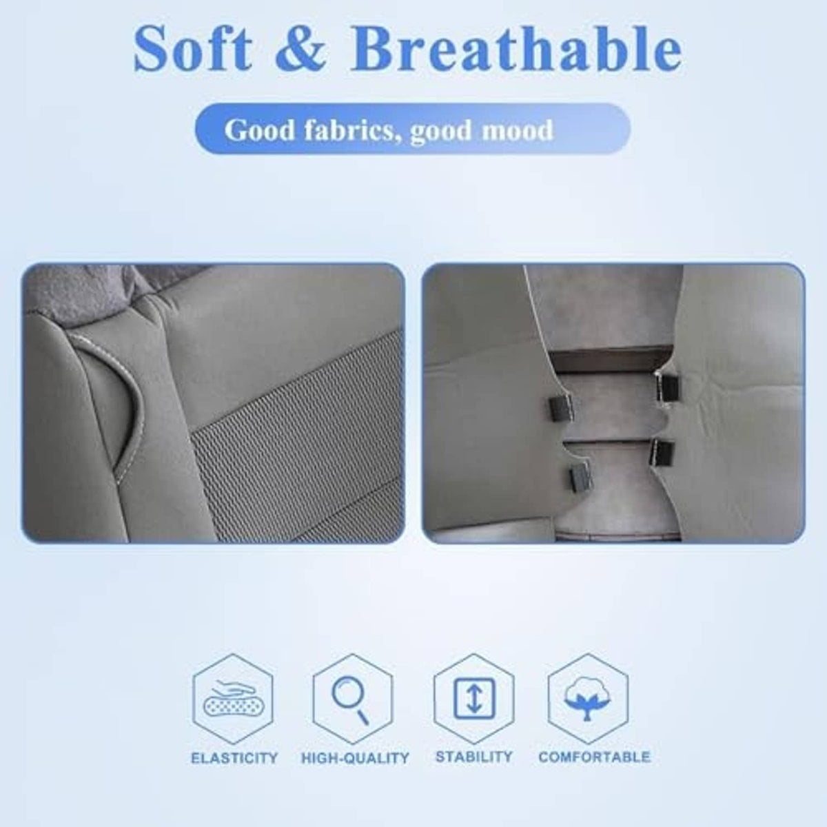 Flint gray cloth seat cover with textured center panel and stitched side edges