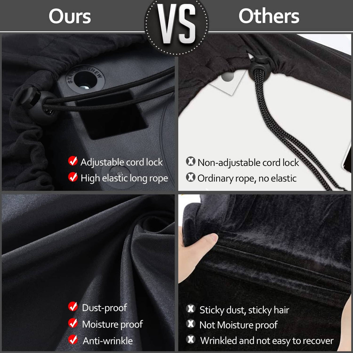 Black piano keyboard cover detail with adjustable cord lock and elastic hem
