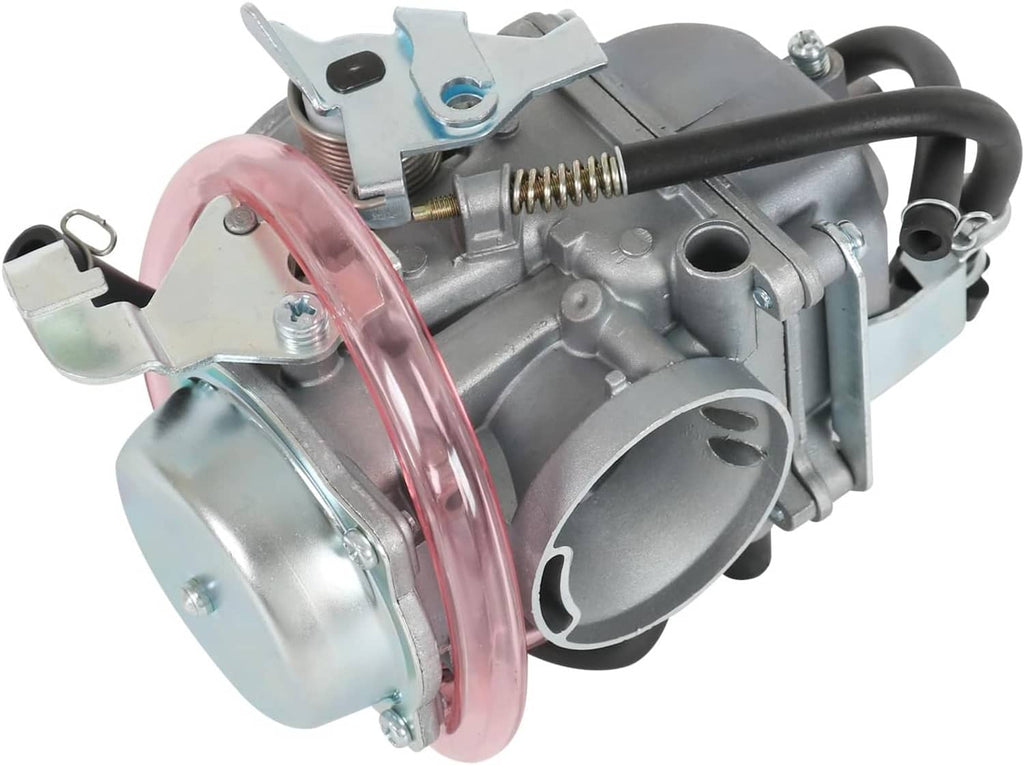 Carburetor replacement kit close-up with silver body, red air filter cover, and black hose