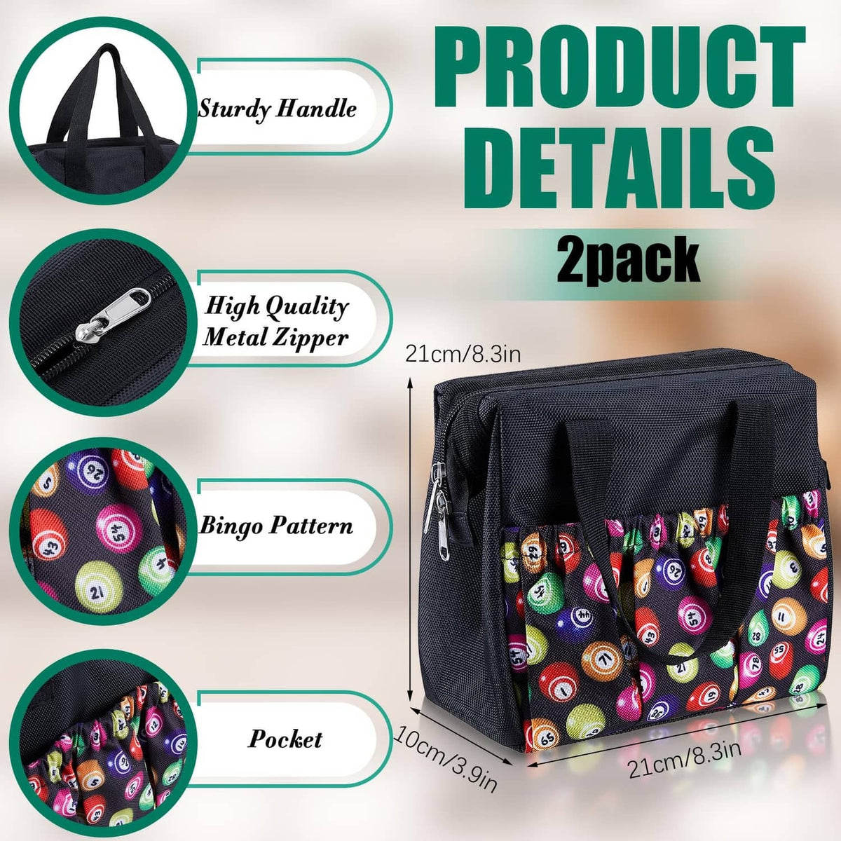 Black bingo dauber bag with metal zipper, sturdy handle, and bingo-pattern front pocket