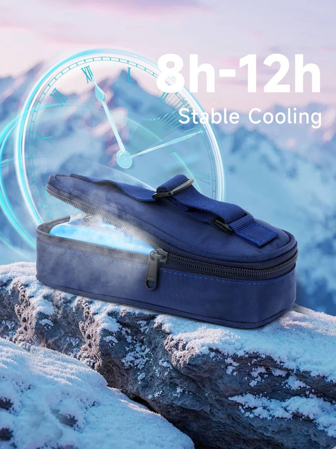 Navy insulated insulin travel cooler case resting on snow, zip top open with strap