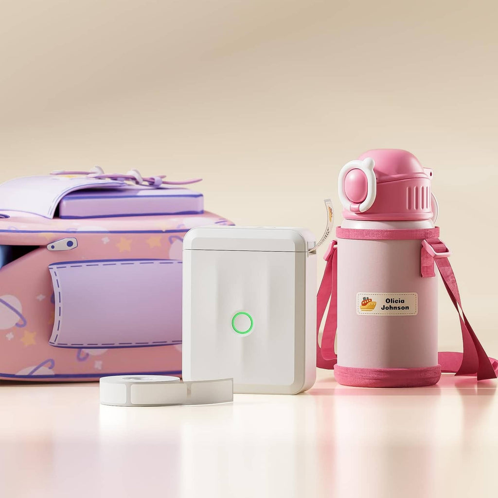 White thermal label maker with circular green power light and travel bottle display