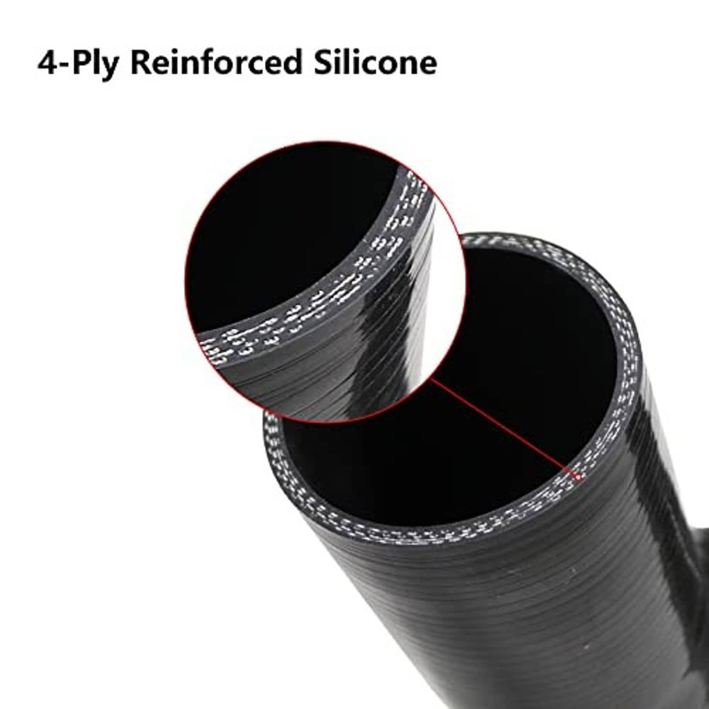 Black 4-ply reinforced silicone 90° reducer hose elbow, close-up of end openings