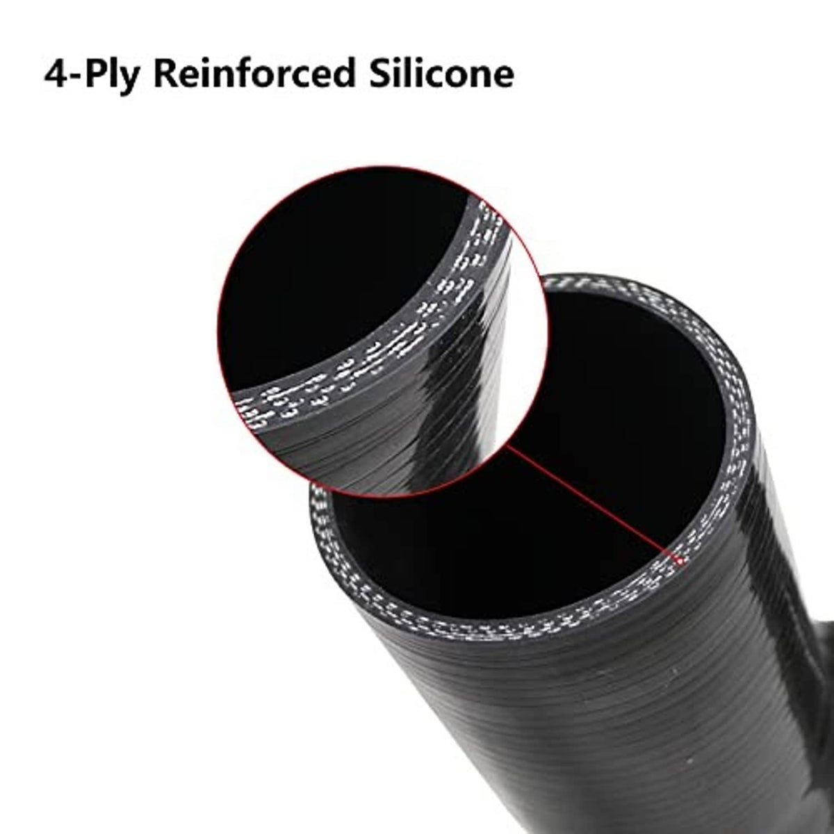 Black 4-ply reinforced silicone 90° reducer hose elbow, close-up of end openings