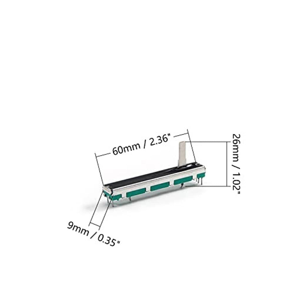 Linear slide potentiometer with teal PCB, metal slider, 60mm length (approx.)