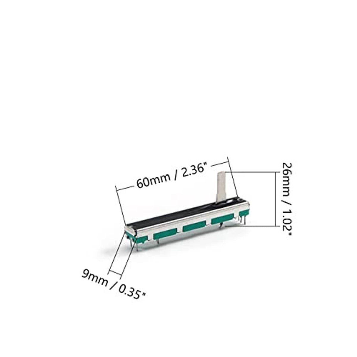 Linear slide potentiometer with teal PCB, metal slider, 60mm length (approx.)