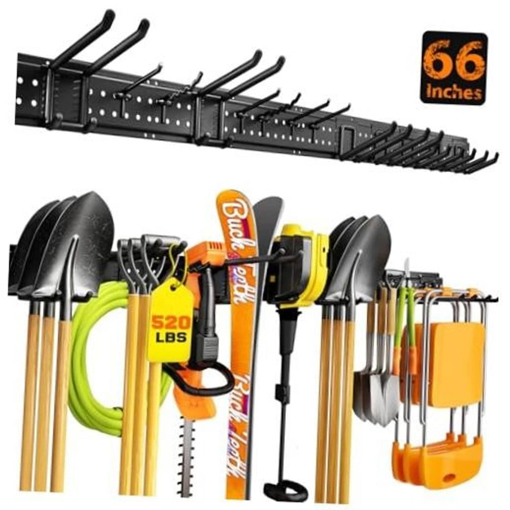 Black 66-inch wall tool organizer rack with four panels and 13 hooks