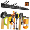 Black 66-inch wall tool organizer rack with four panels and 13 hooks