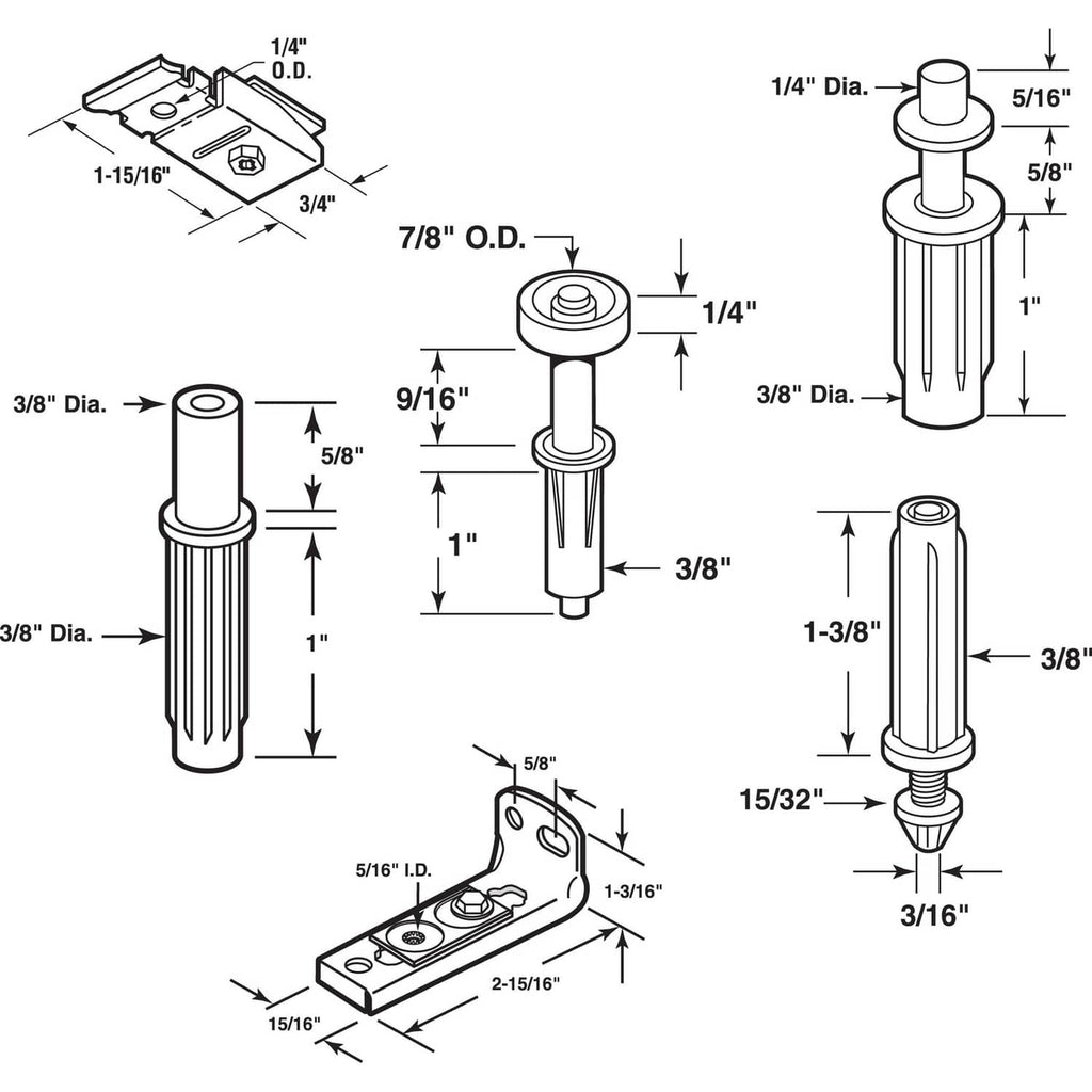 Bi-fold door hardware repair kit parts diagram with measurements and pivot pins