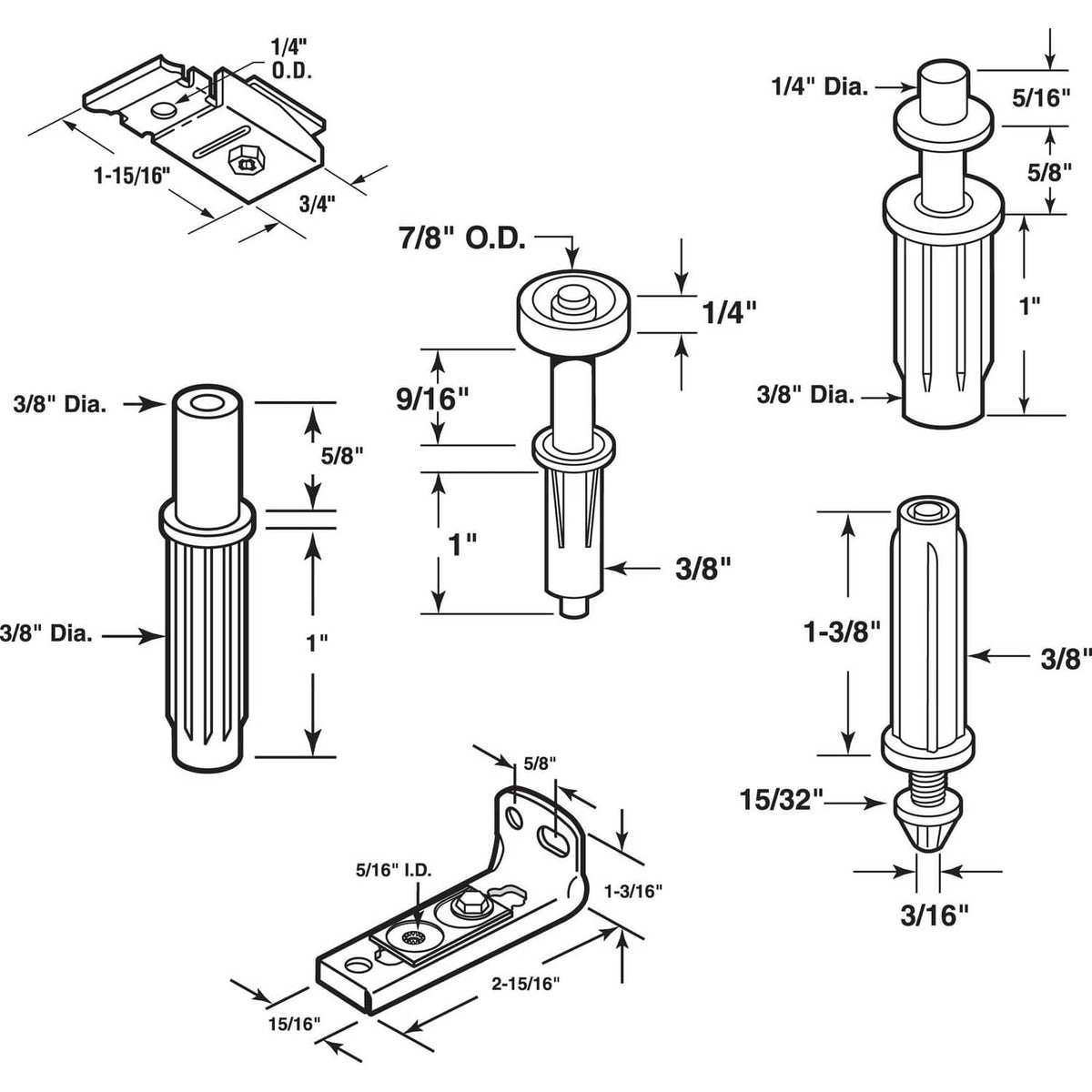 Bi-fold door hardware repair kit parts diagram with measurements and pivot pins
