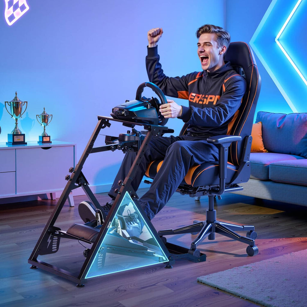 Racing wheel stand with triangular base, black metal, and adjustable pedal platform