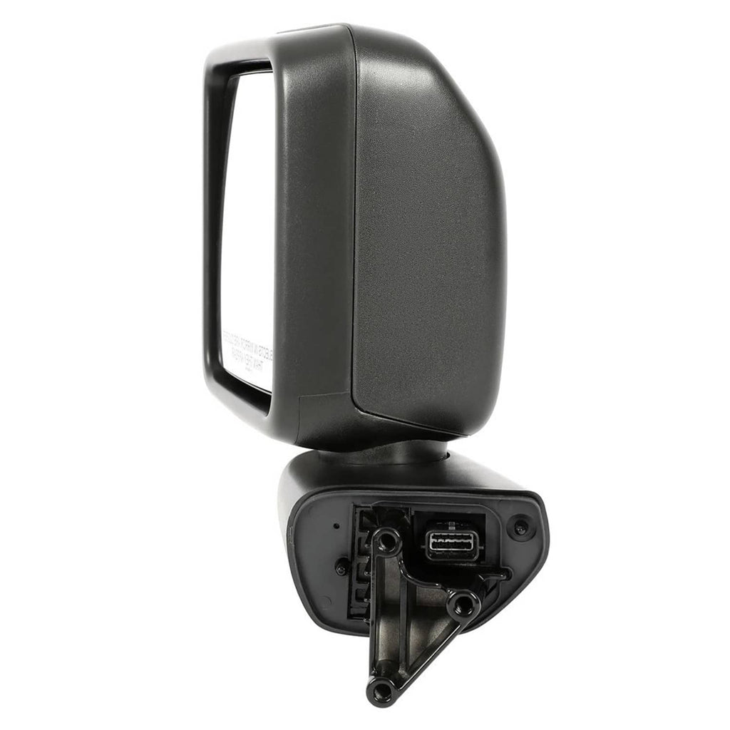 Rear view of passenger-side heated rearview mirror with black casing and ports