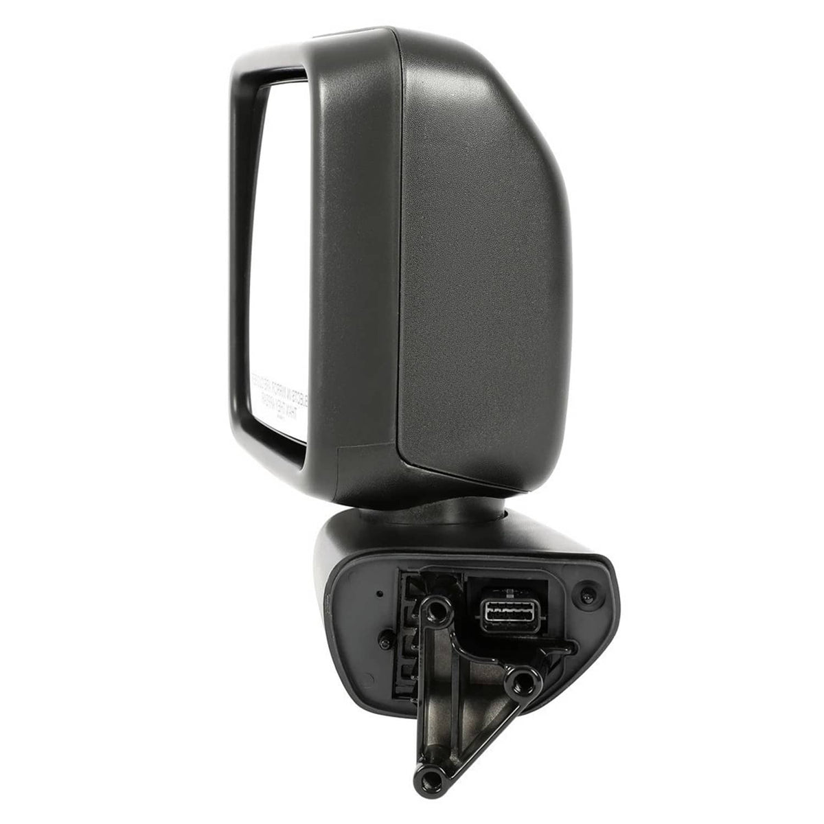 Rear view of passenger-side heated rearview mirror with black casing and ports